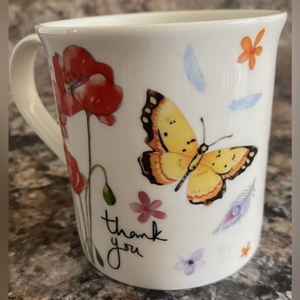 burton + BURTON Thank you Butterfly Floral Flowers Coffee Tea Mug Cup NWOT 10oz